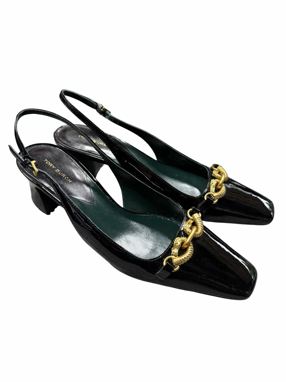 Tory Burch Jessa Slingback Pumps Black Patent Leather Gold Horsebit Size 9.5